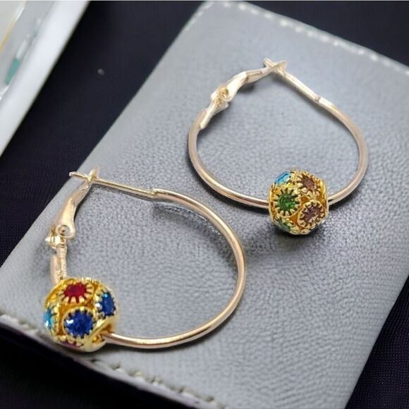 Cute Gold Rhinestone Hoop Earrings Round Shaped Pierced Jewelry Colorful NWT - Picture 8 of 10